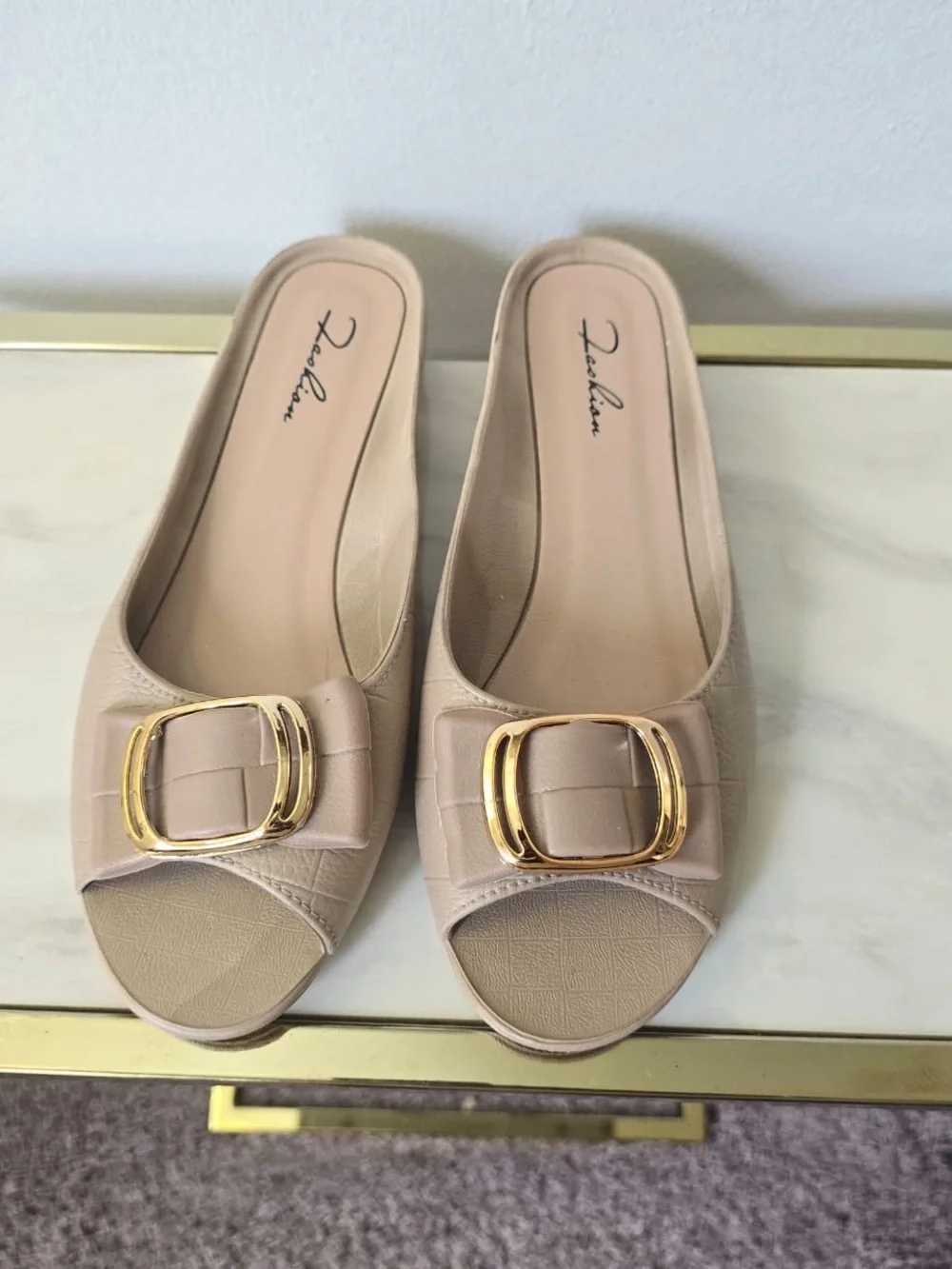 Beige Open-Toe Flat PVC Square Buckle Casual shoe for women S-Us-7/7.5 EU-38/39